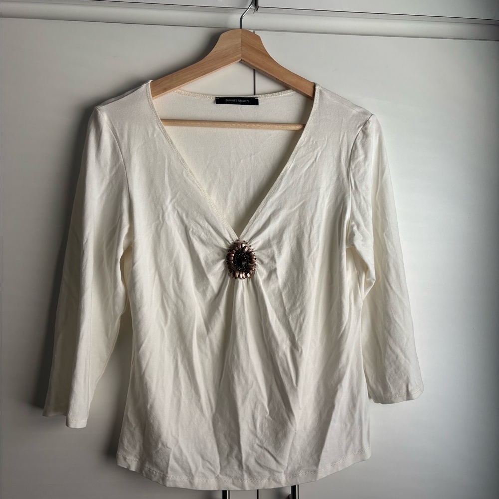 Y2K Elegant Cream V-Neck Top with Embellishment